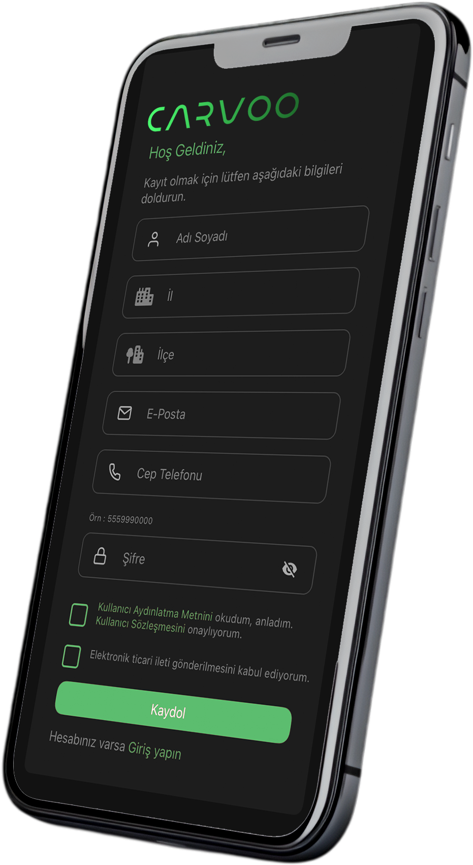 Carvoo üyelik ekranı